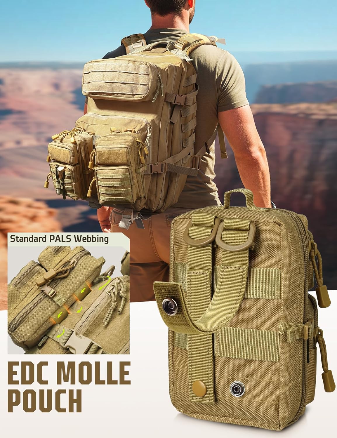 Khaki MOLLE pouch rear PALS webbing and backpack mounting example