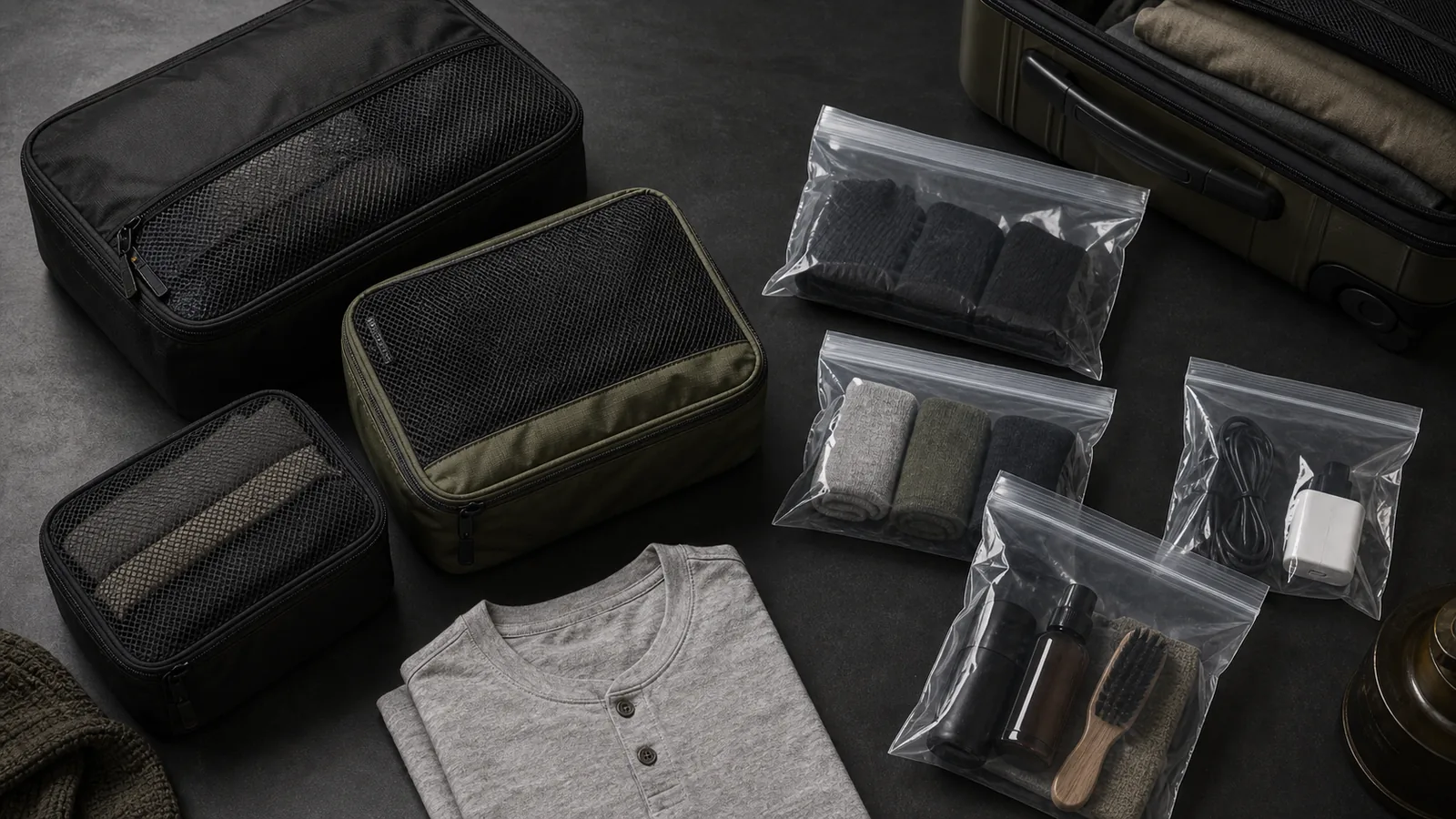 Black and olive fabric packing cubes beside clear zip-top bags and an open carry-on suitcase