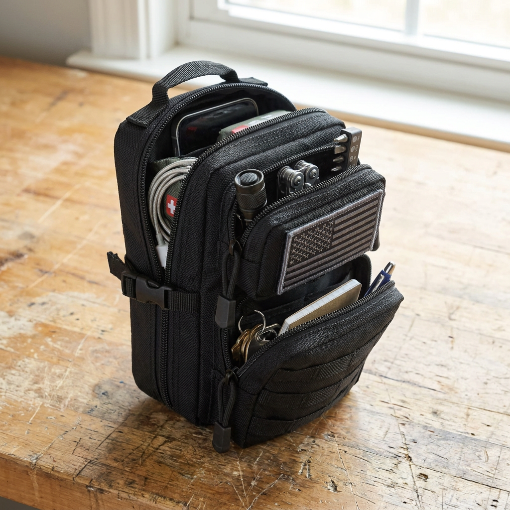 Black CobaltNook organizer partially open showing only upper front, lower front, and main rear zones (no extra flaps), with small EDC gear visible.