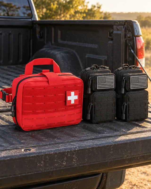 Red first-aid bag beside two black MOLLE pouches on a pickup truck tailgate