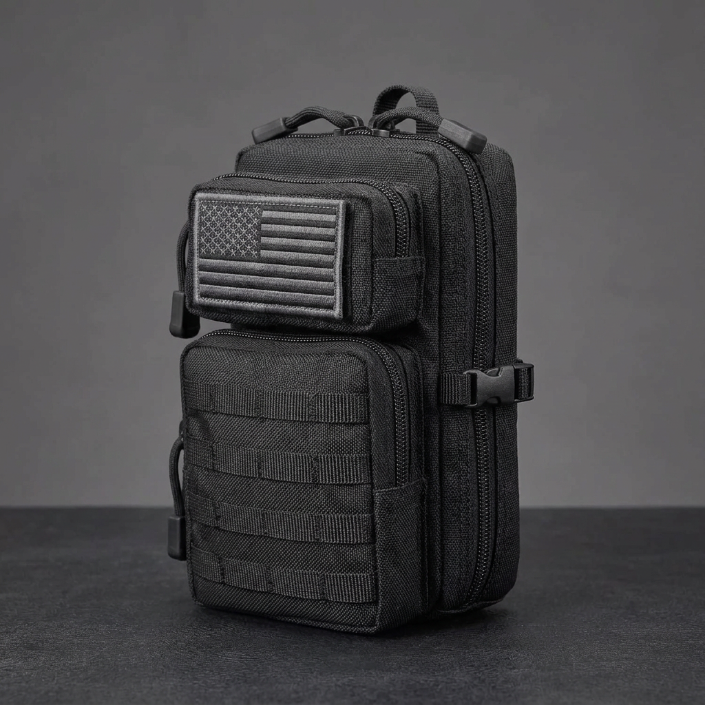 Black CobaltNook organizer close-up — empty lower MOLLE webbing, side buckle, flag patch on upper pocket only.