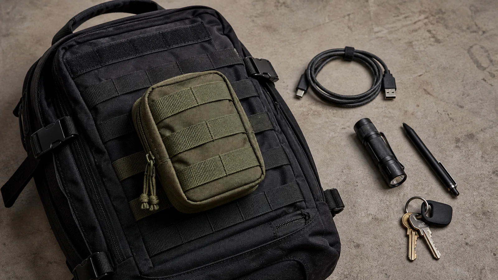 Unbranded olive MOLLE organizer pouch attached to the front PALS webbing of a black tactical backpack beside a cable, flashlight, pen, and keys