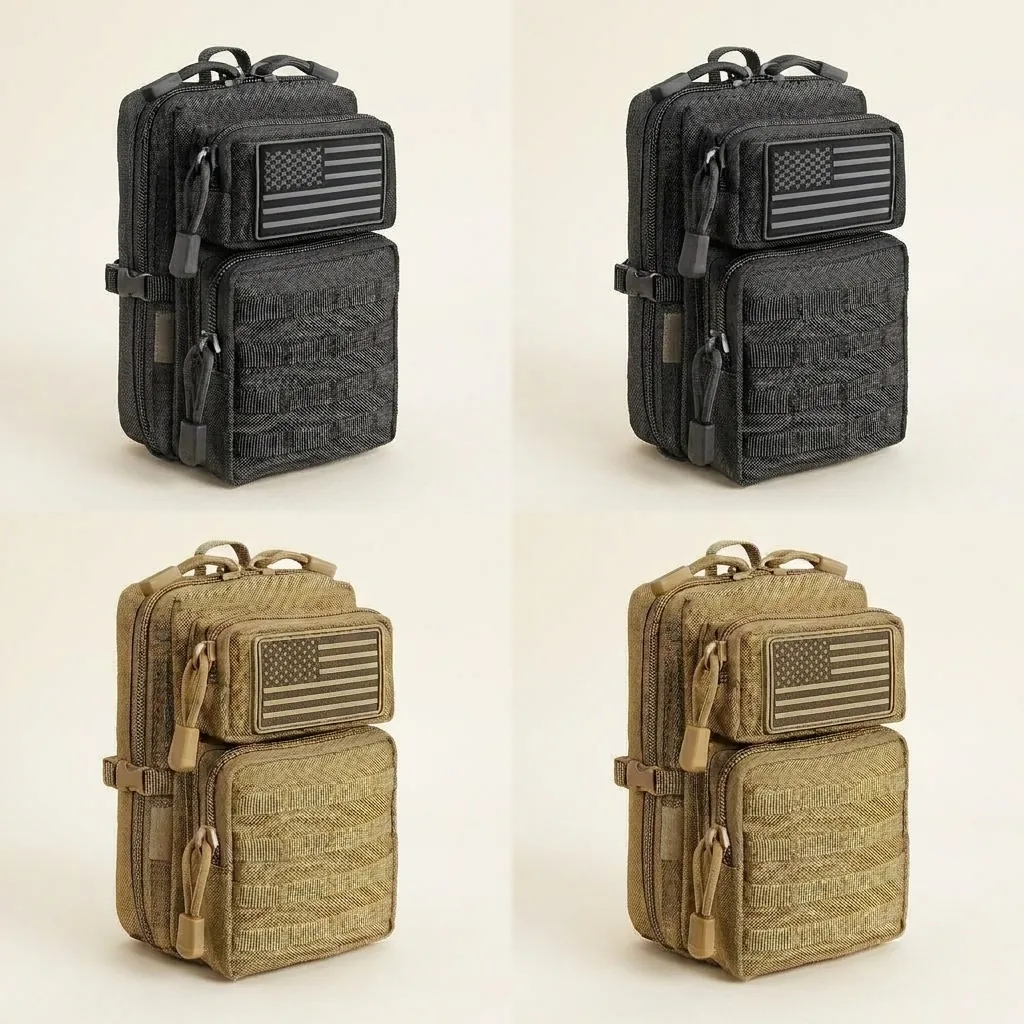 Black and Khaki CobaltNook two-2-pack setup with four MOLLE organizer pouches and four US flag patches