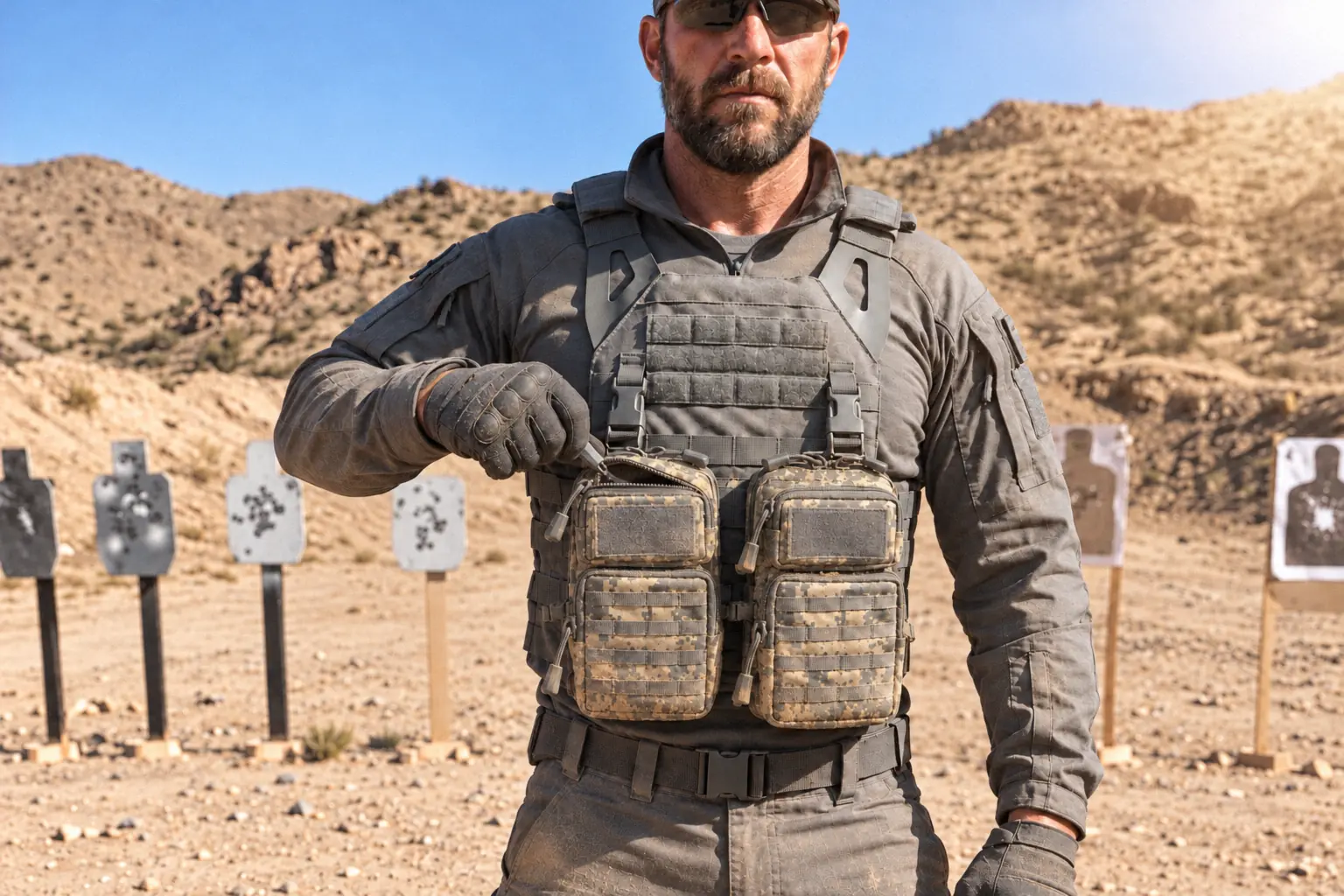 Man at a dusty desert range unzipping one of two well-used ACU MOLLE pouches on his vest