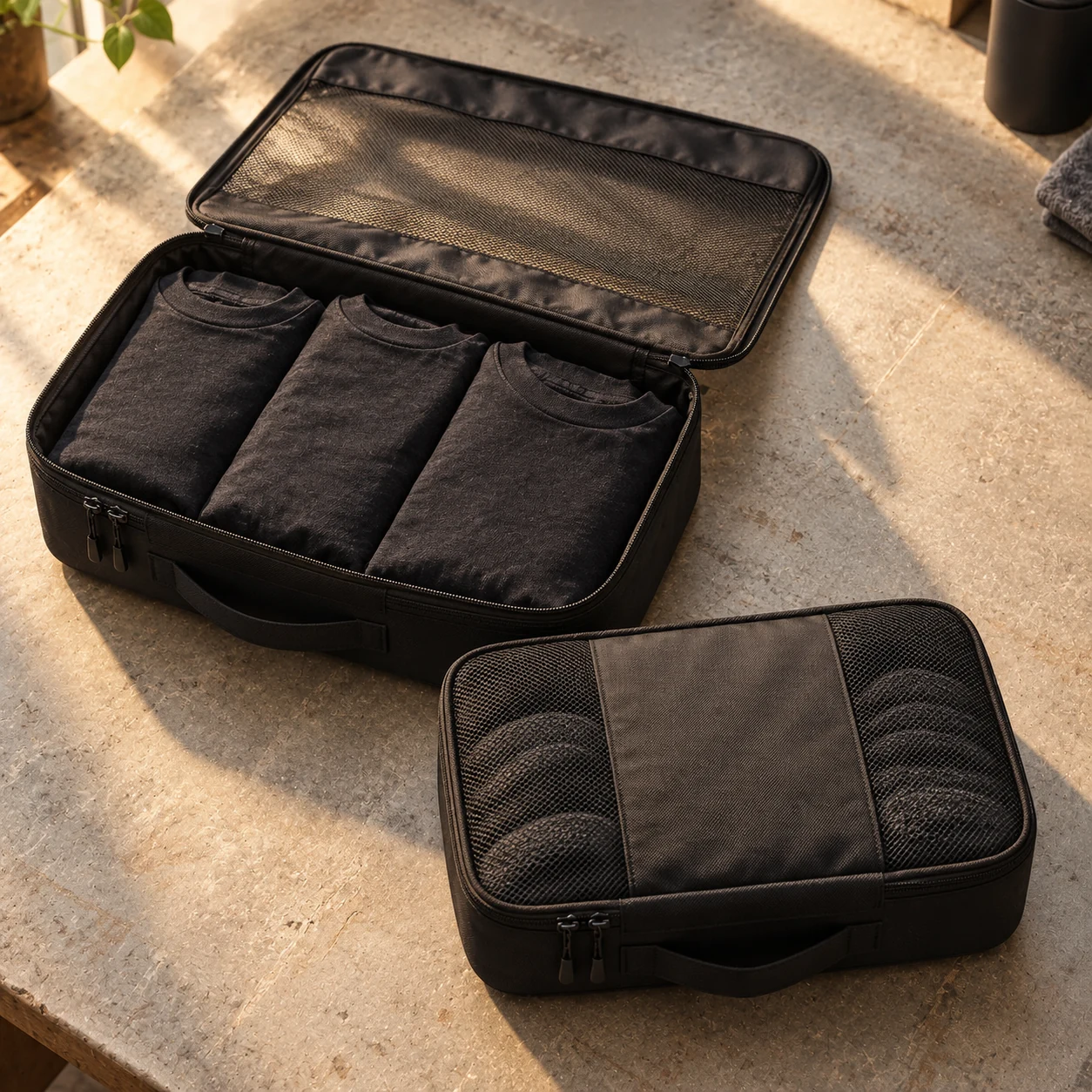 Open large black packing cube with folded shirts beside a closed medium cube