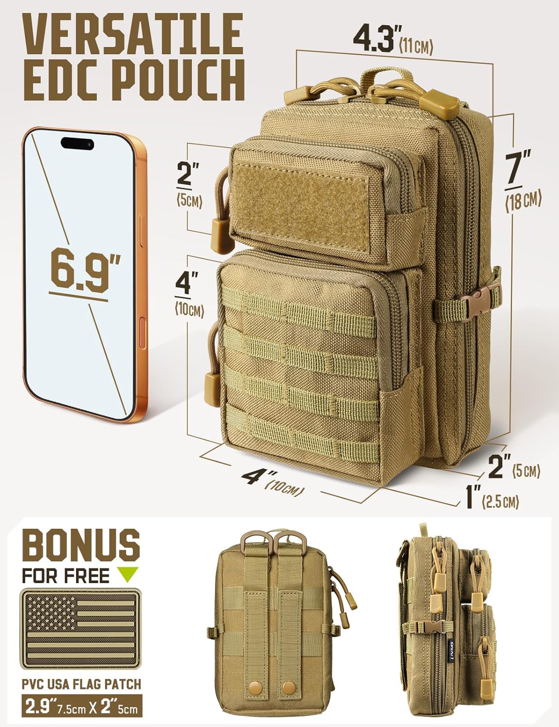 Khaki MOLLE pouch size chart showing phone comparison, dimensions, rear straps, side view, and included USA flag patch
