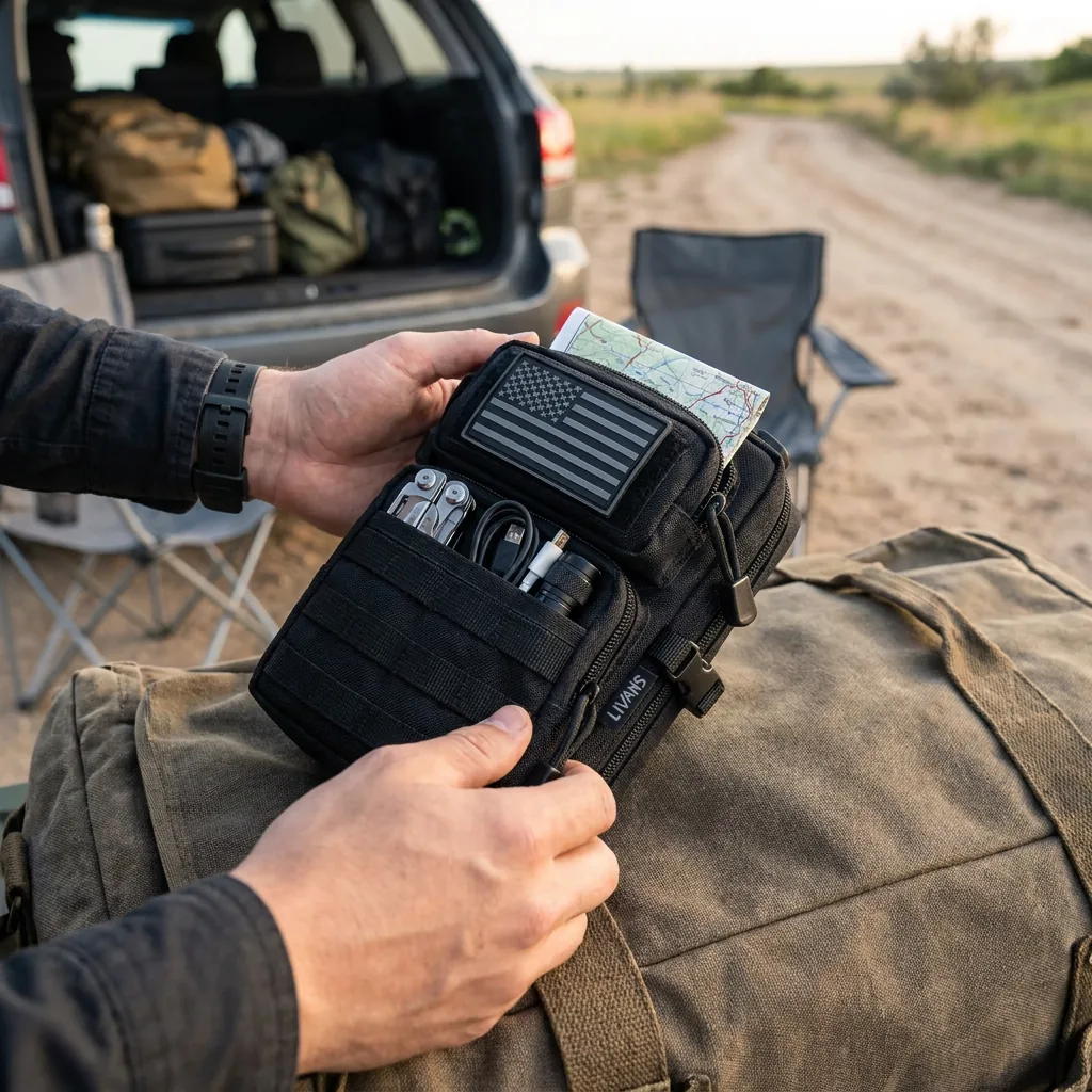 Compact tactical EDC pouch packed with small travel essentials