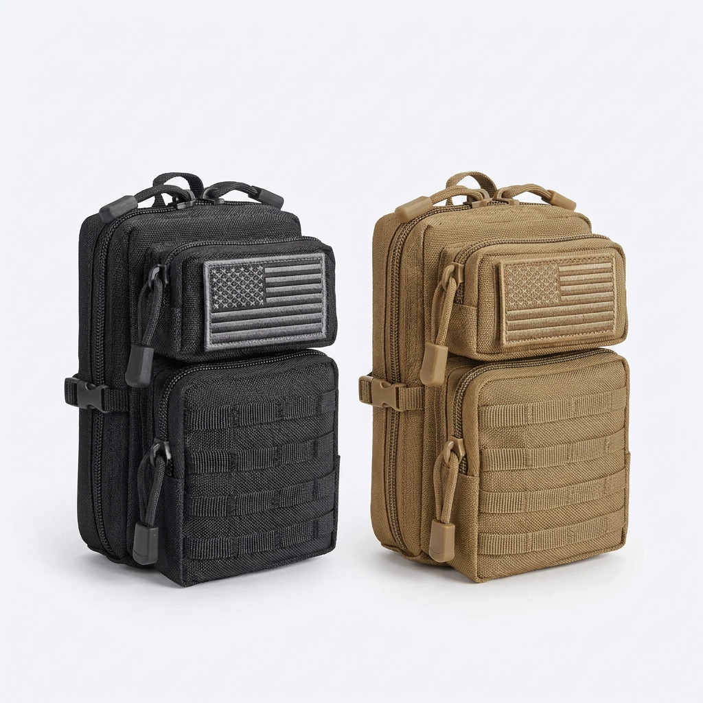 Black and khaki CobaltNook compact MOLLE organizers side by side on white — truth silhouette, flag upper / empty MOLLE lower.