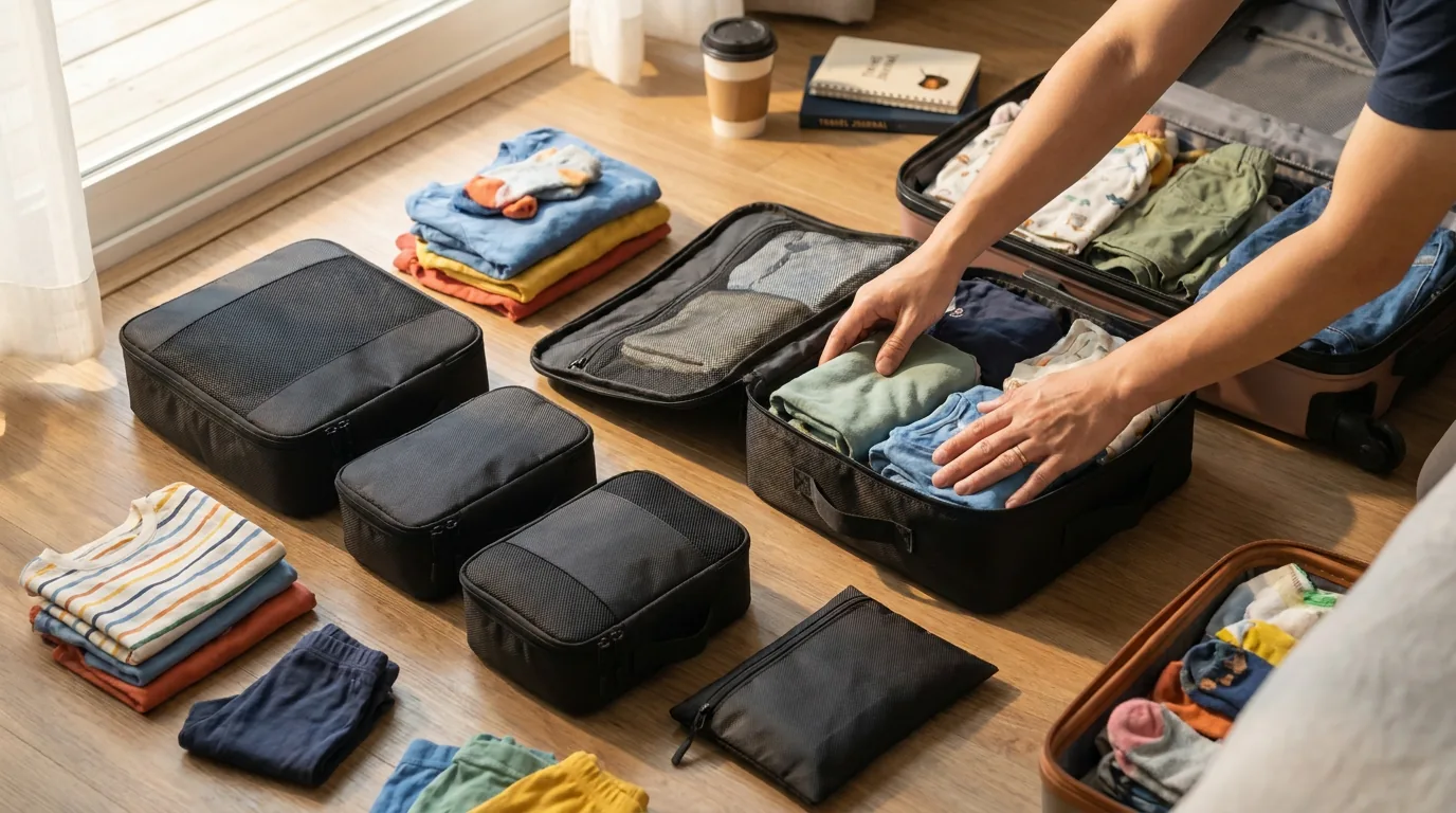 Parent packing children’s clothes into CobaltNook packing cubes before a family trip