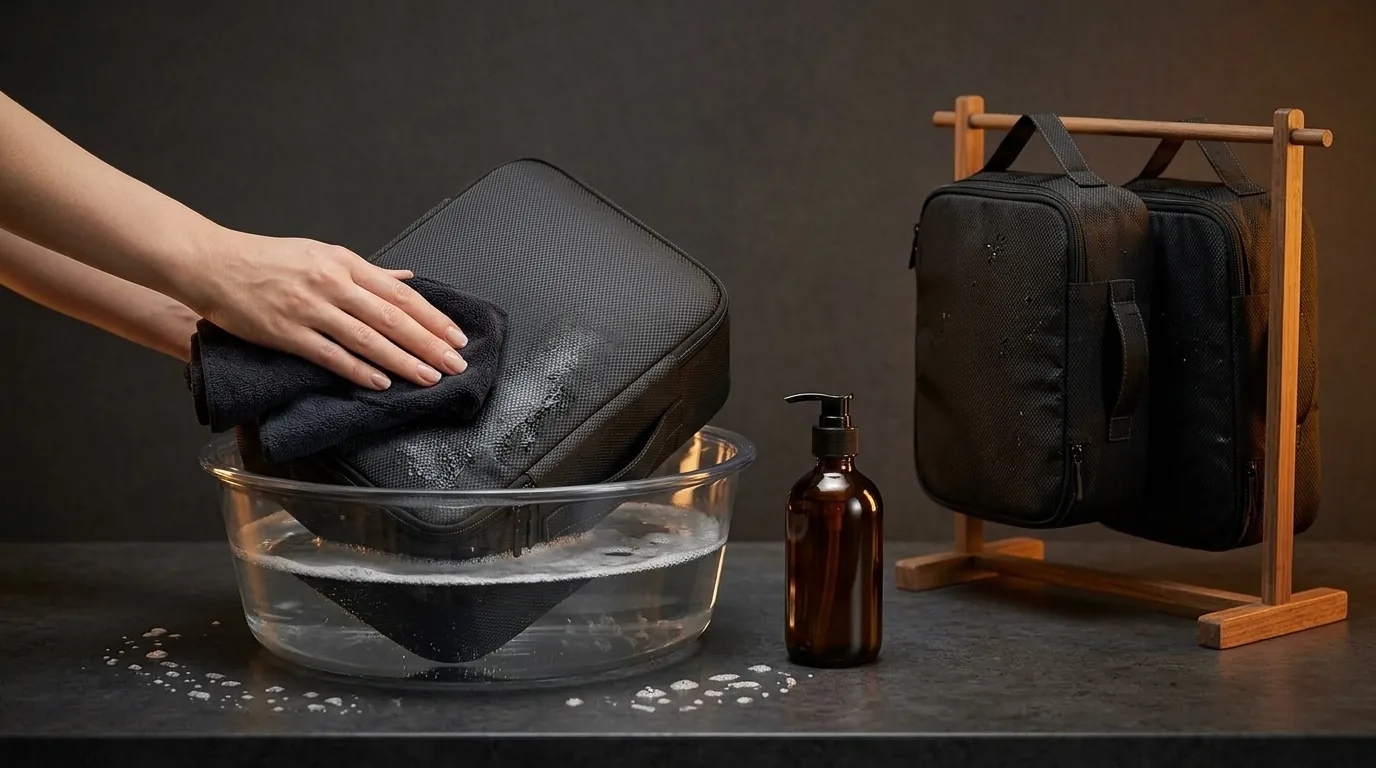 Three unbranded packing cubes beside a wash basin, mild soap, soft cloth, and drying rack