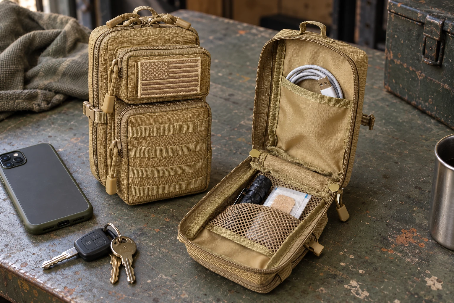Open CobaltNook pouch with small essentials in its nylon and mesh pockets