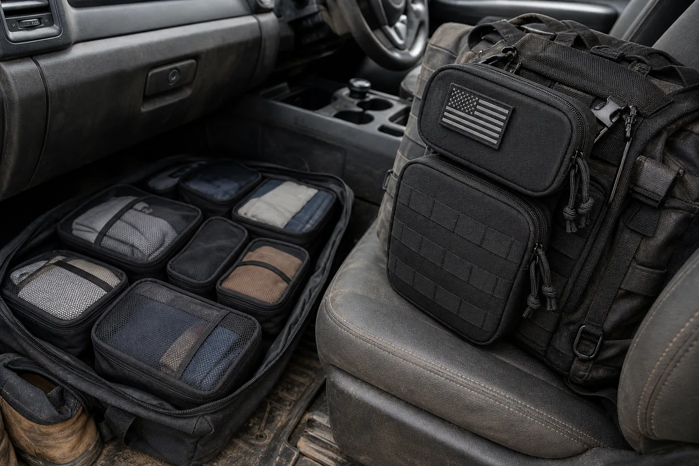 Black MOLLE pouches on a work backpack in a truck cab, with an open bag of black packing cubes on the floor