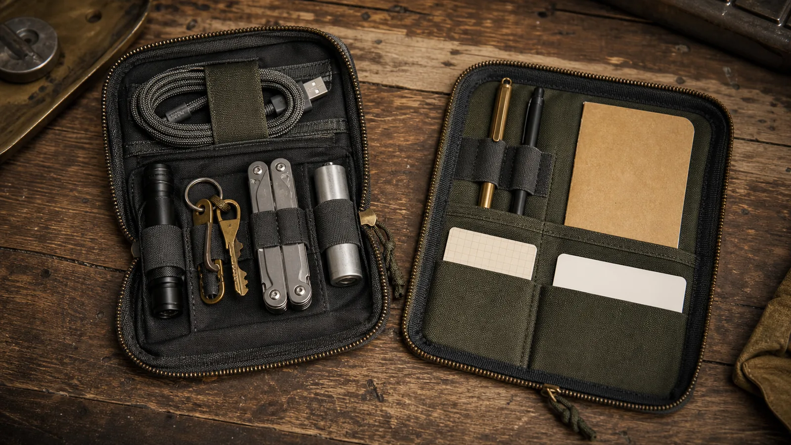 Open black EDC organizer beside a slim olive admin pouch with pens, notebook, and flat cards
