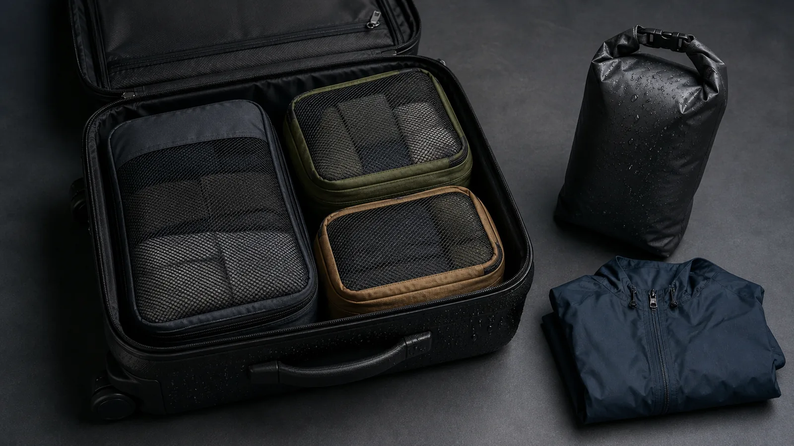 Open carry-on with three breathable mesh packing cubes beside a separate black roll-top dry bag and rain shell