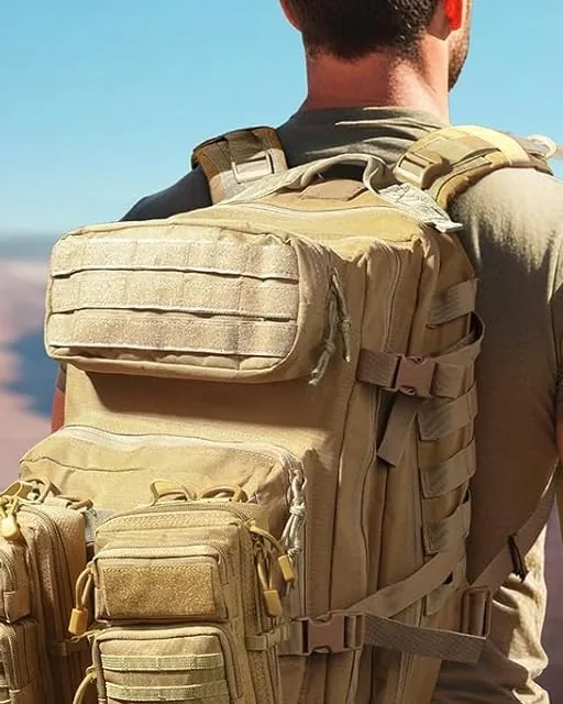 Khaki MOLLE pouches attached to the webbing of a backpack