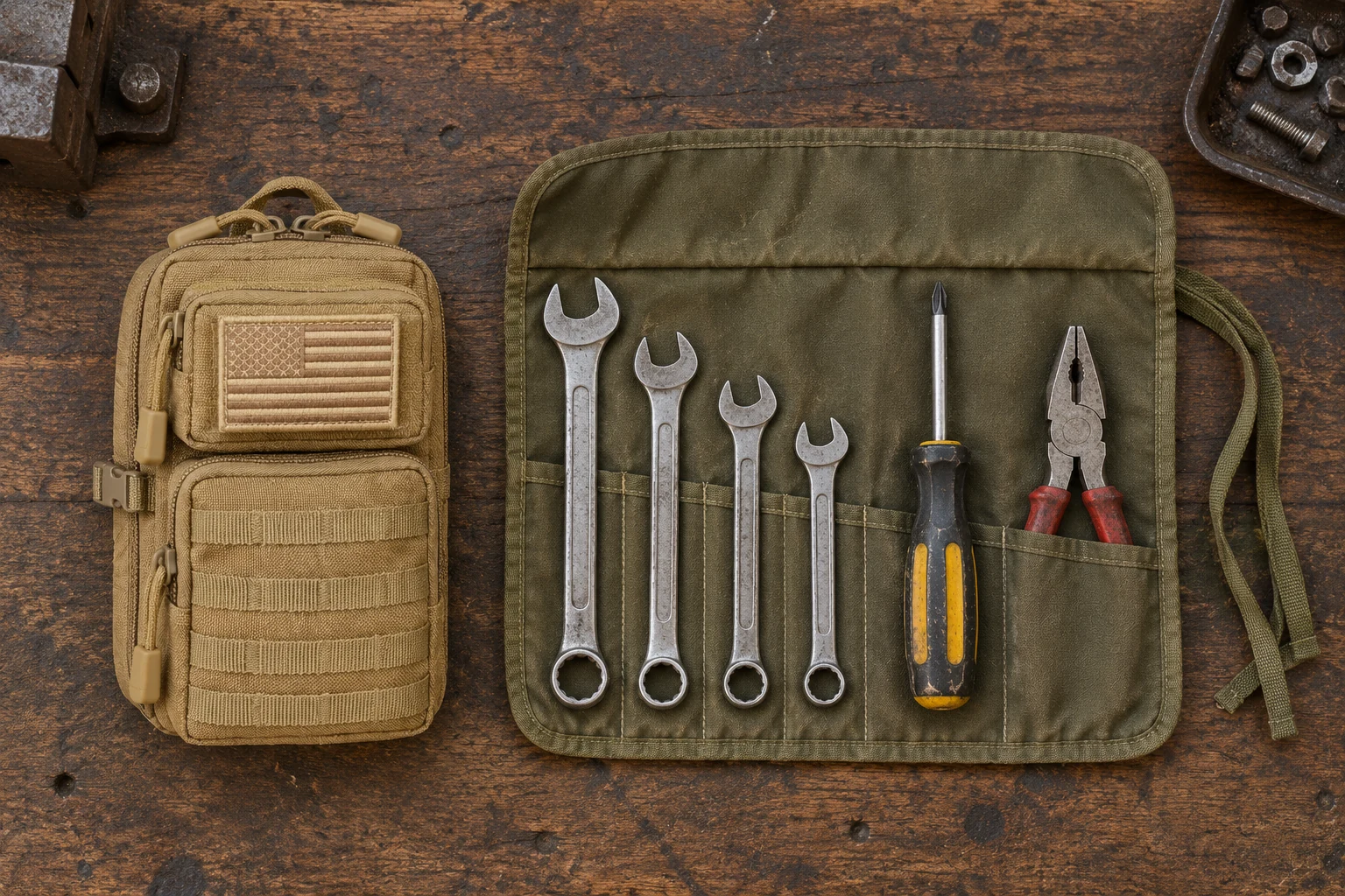 CobaltNook pouch beside an unrolled tool organizer