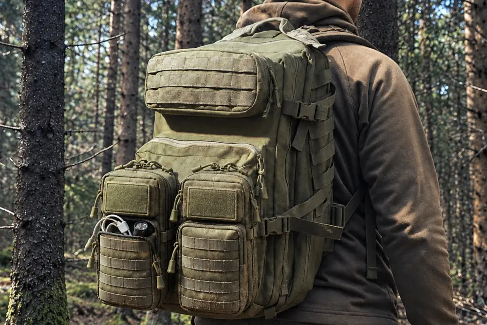 Hiker in a pine forest with two dusty green MOLLE pouches on his backpack, one half open with a cable and a flashlight