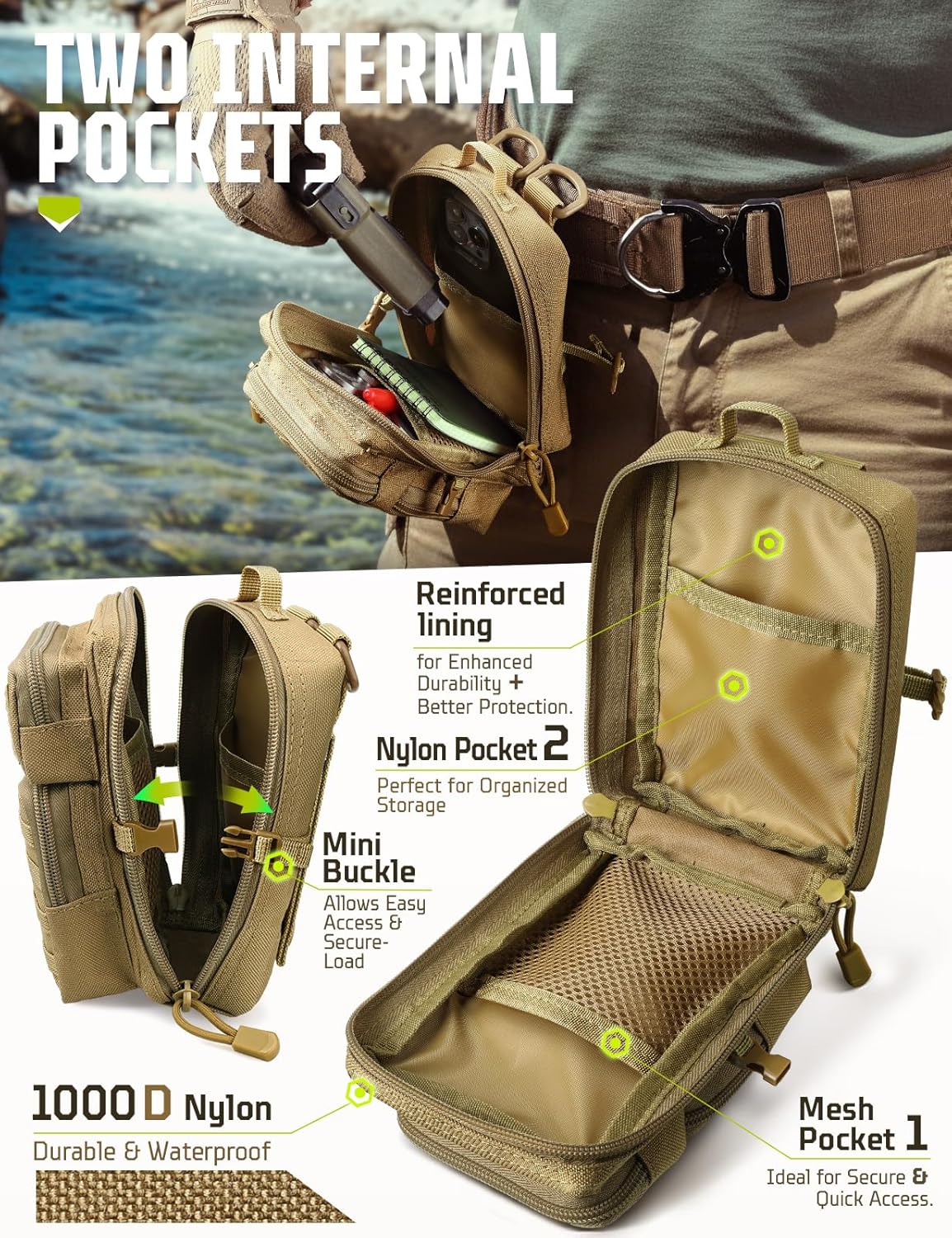 Khaki CobaltNook MOLLE pouch opened to show two internal pockets, reinforced lining, nylon fabric, and mesh pocket