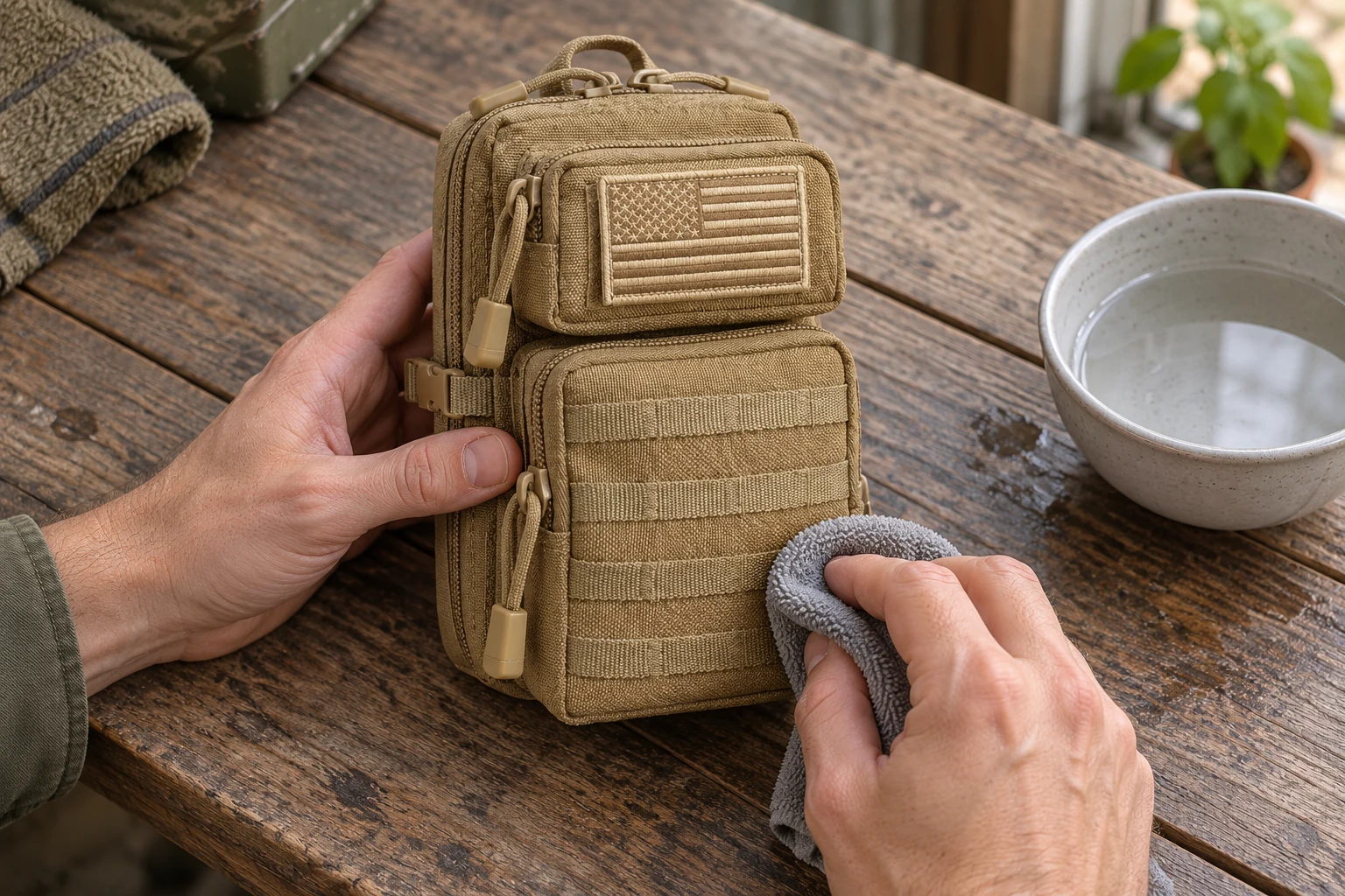 Cleaning the exterior of a khaki CobaltNook pouch with a damp cloth