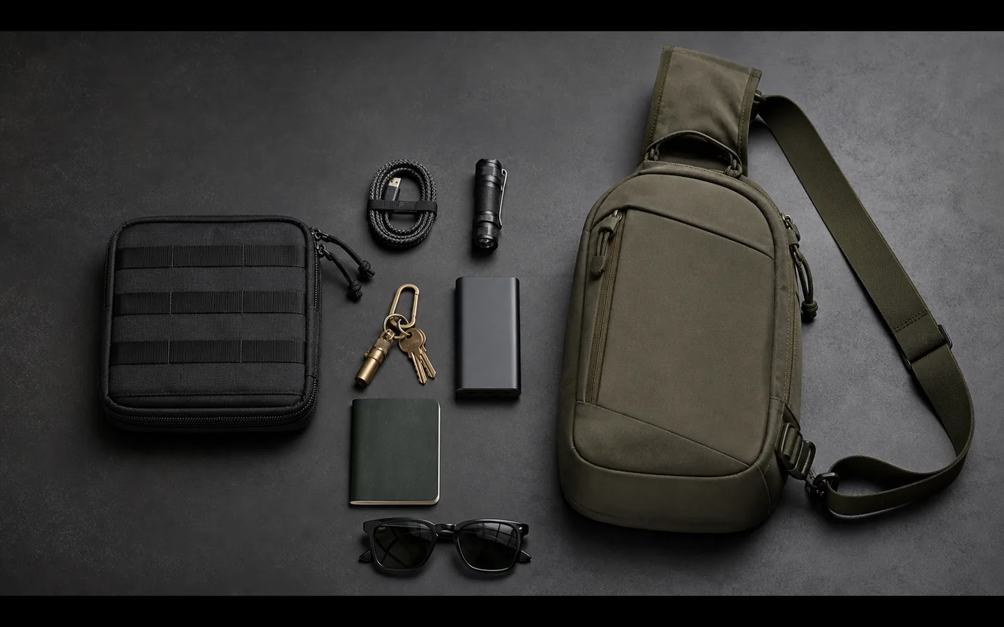 Compact black EDC organizer pouch beside an olive single-strap sling bag with everyday essentials arranged between them