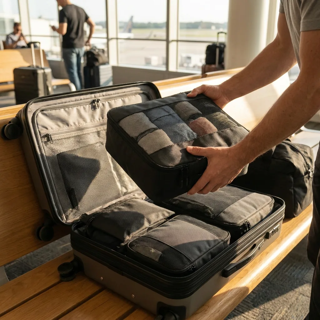 Traveler placing an organized packing cube into a carry-on suitcase
