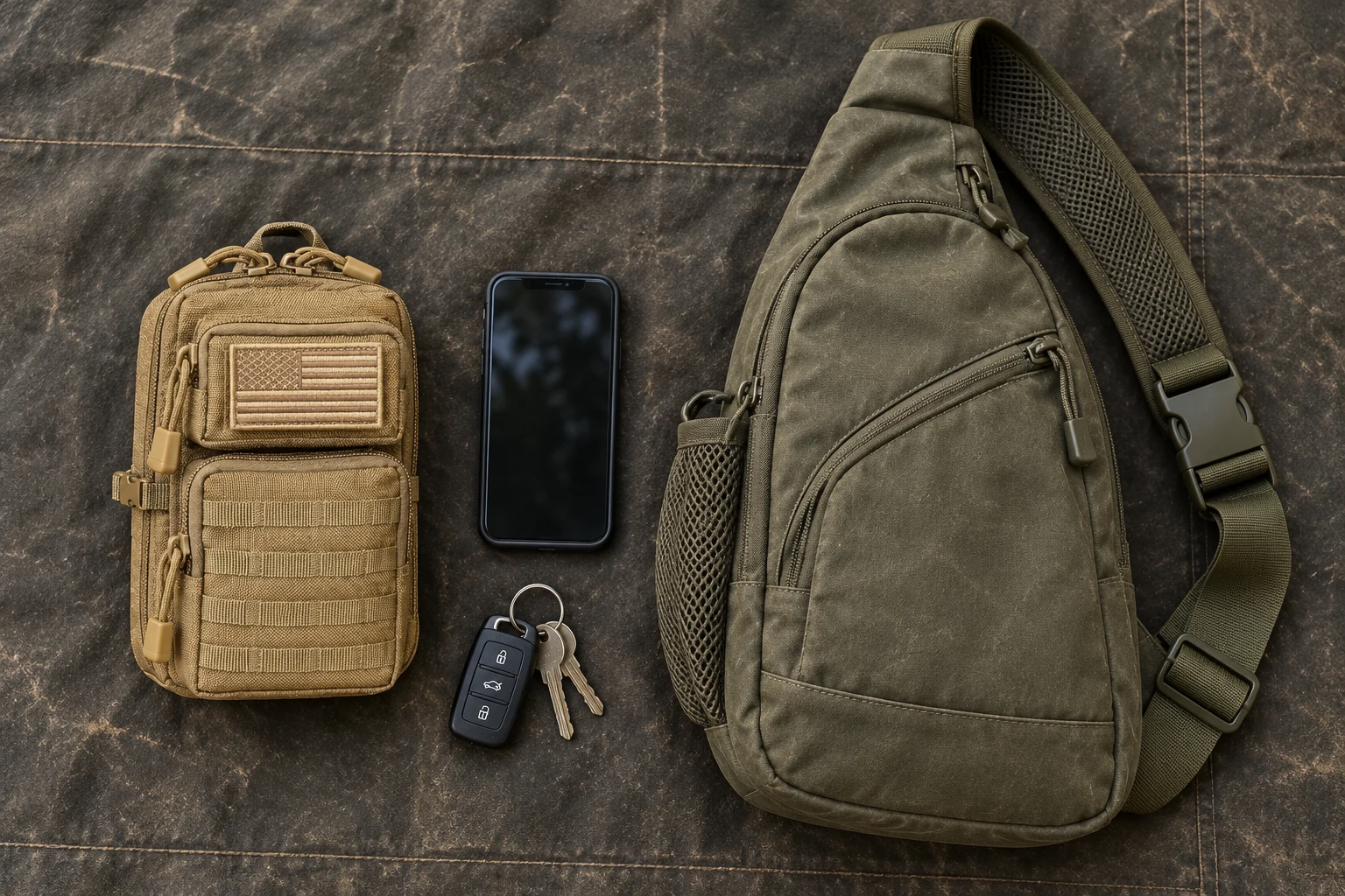 CobaltNook pouch beside a larger sling bag