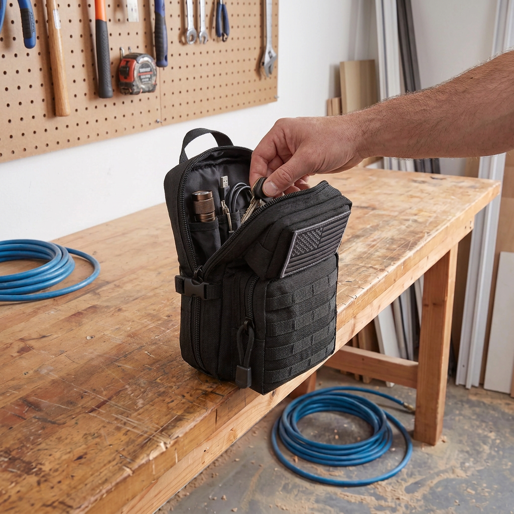 Black CobaltNook organizer on a workbench; main compartment open; a hand reaches for keys/light/cable. Flag on upper pocket; empty MOLLE on lower only.