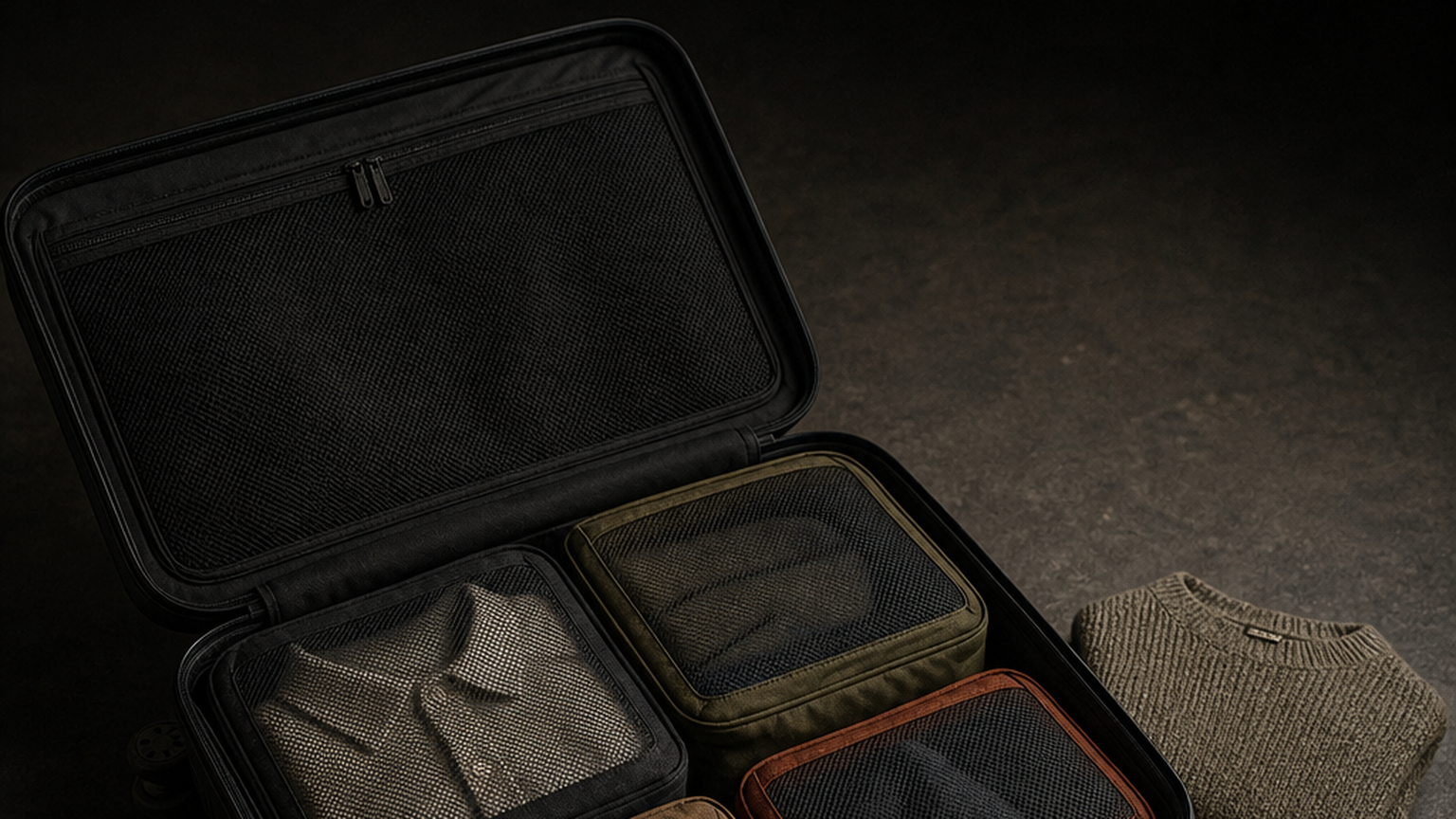 Open black carry-on packed with four unbranded mesh packing cubes beside a folded sweater and travel book