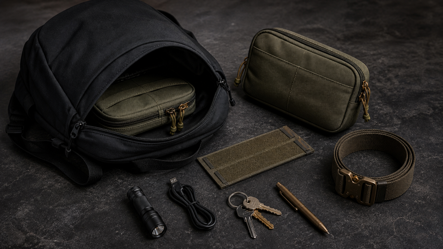 Plain black backpack without external webbing beside two unbranded olive organizer pouches, a hook-and-loop adapter panel, belt, flashlight, cable, keys, and pen