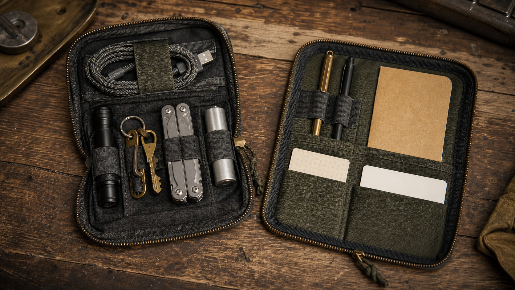 Open black EDC organizer with cable, flashlight, keys, and multitool beside a slim olive admin pouch with pens, notebook, and flat cards