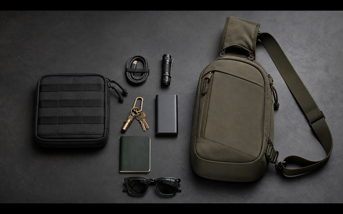 Compact black EDC organizer pouch beside an olive single-strap sling bag with everyday essentials arranged between them
