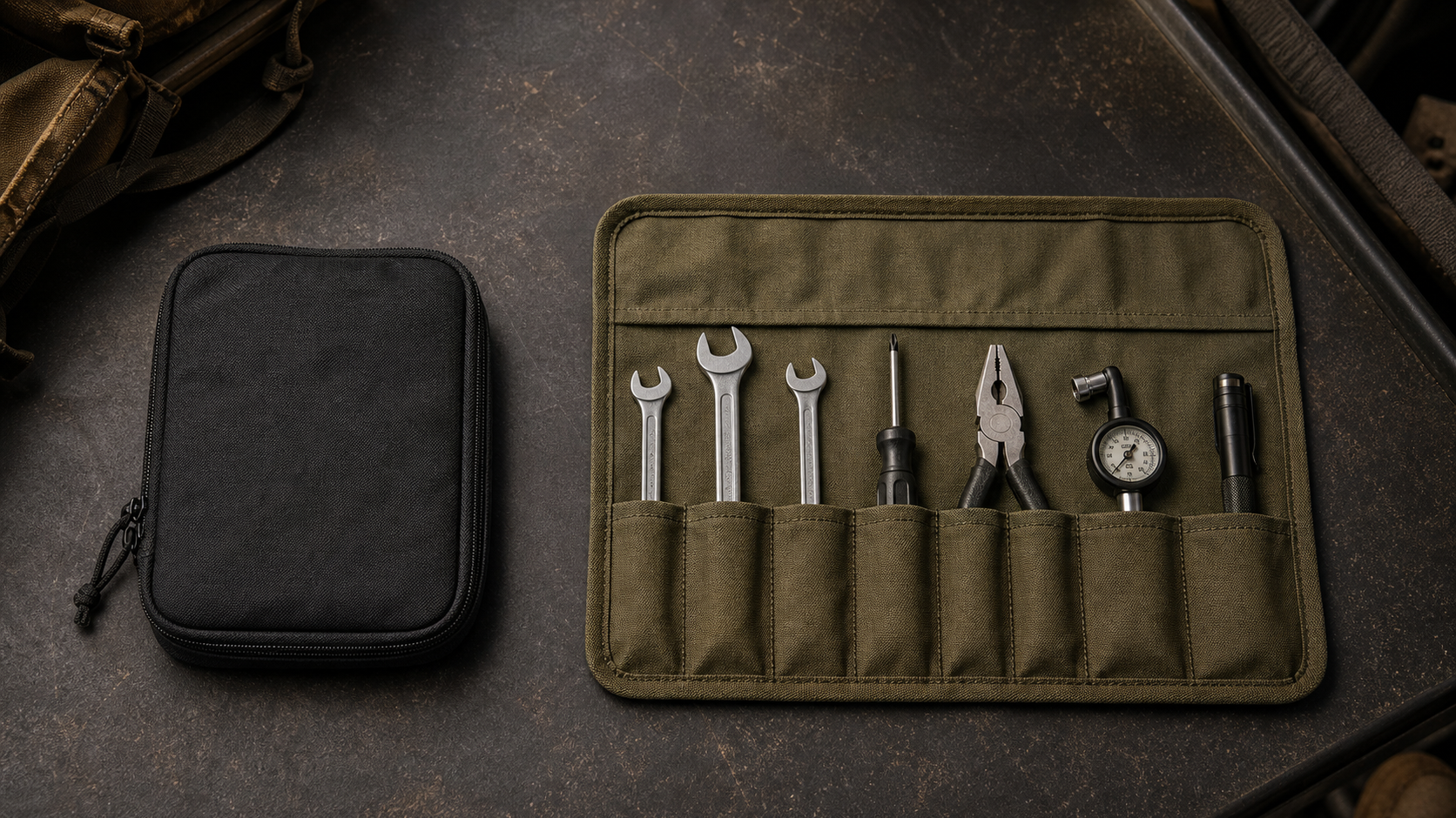 Generic black zippered EDC pouch beside an open olive canvas tool roll holding compact hand tools