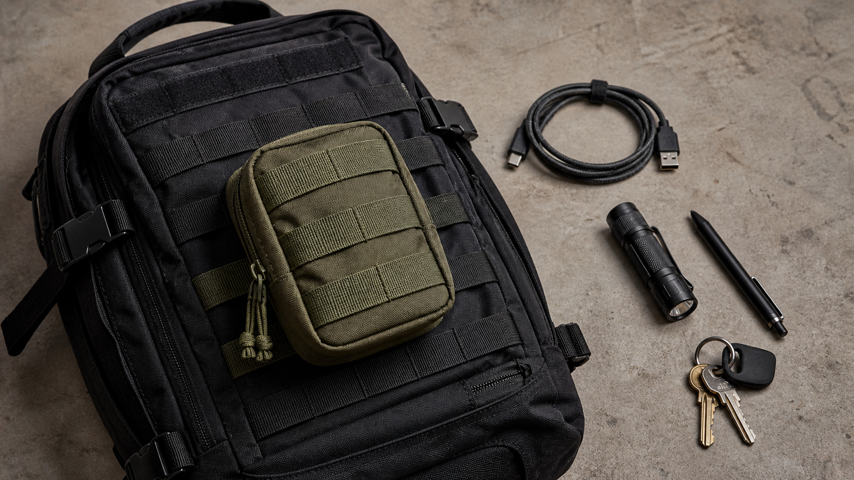 Unbranded olive MOLLE organizer pouch attached to the front PALS webbing of a black tactical backpack beside a cable, flashlight, pen, and keys
