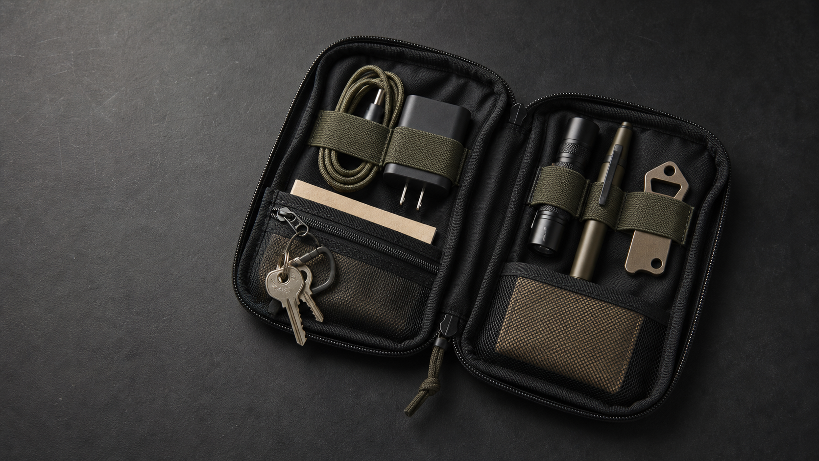 Open unbranded black EDC pouch with charging cable, adapter, flashlight, pen, keys, and small tools arranged in clear zones