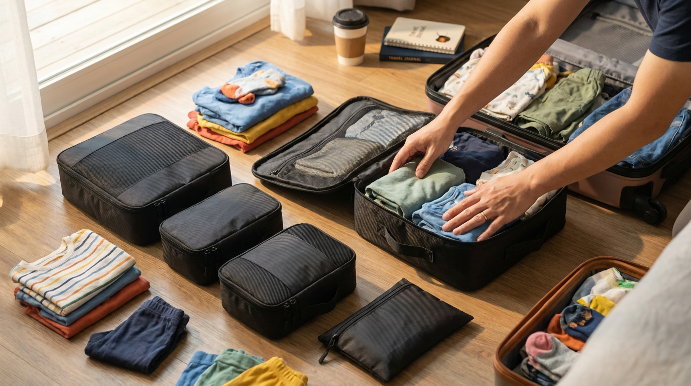 Parent packing children’s clothes into CobaltNook packing cubes before a family trip