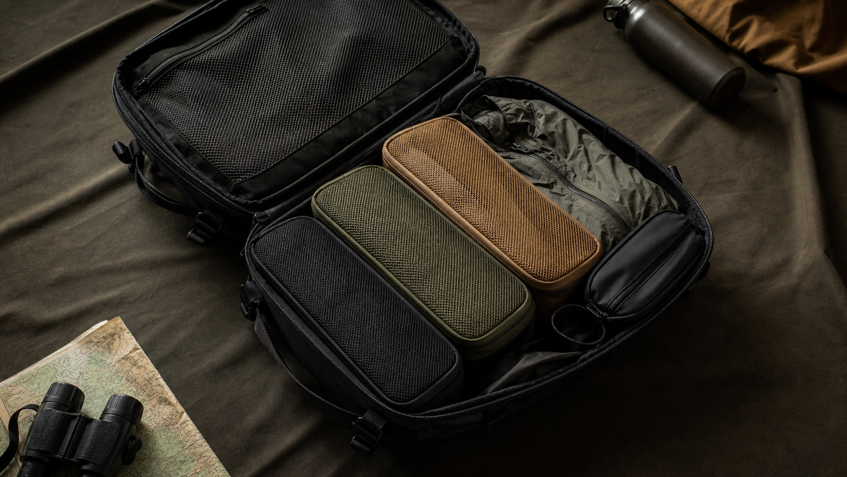 Open black clamshell travel backpack fitted with three unbranded mesh packing cubes in black, olive, and tan