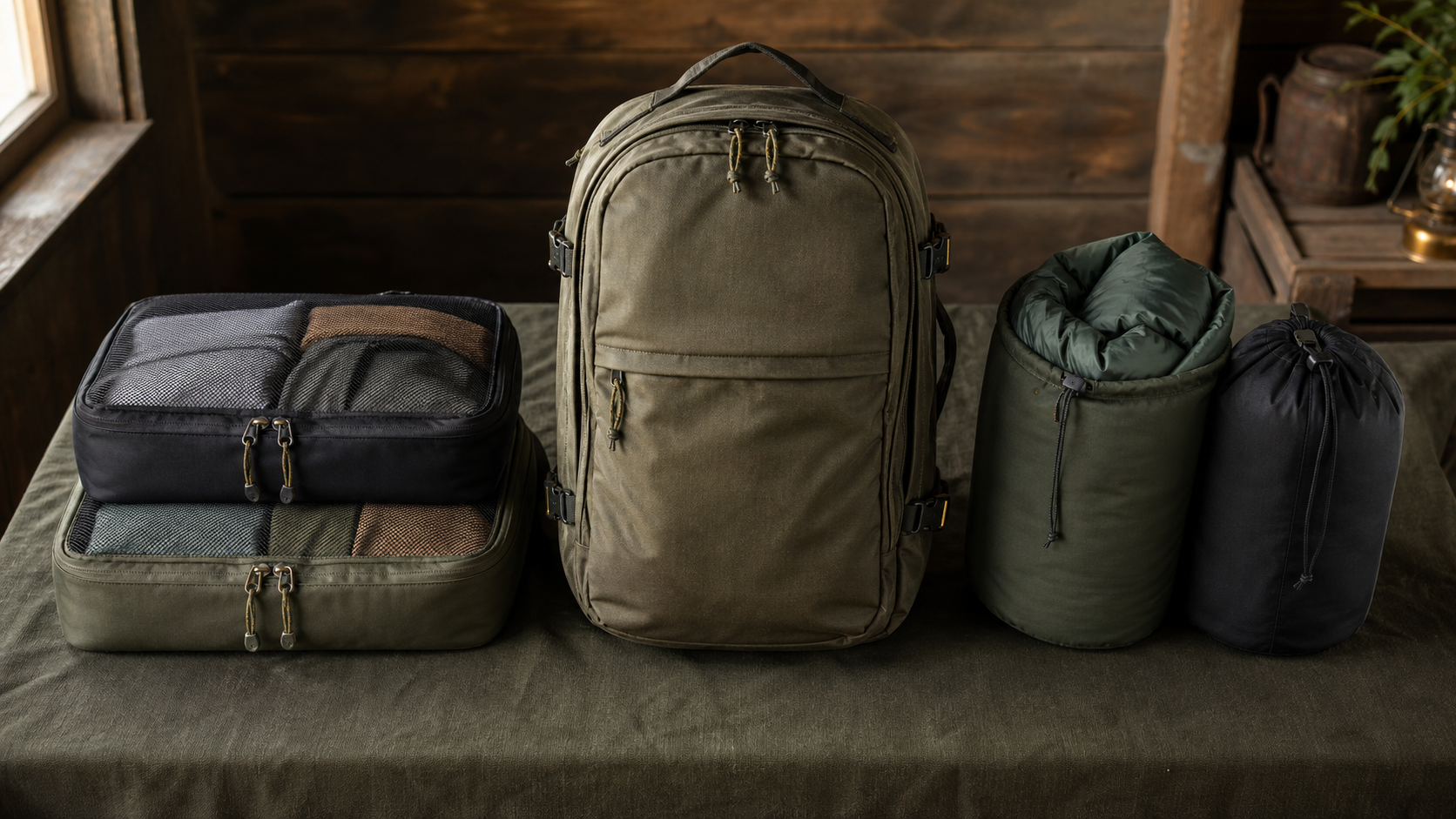 Black and olive packing cubes beside soft drawstring stuff sacks and a travel backpack