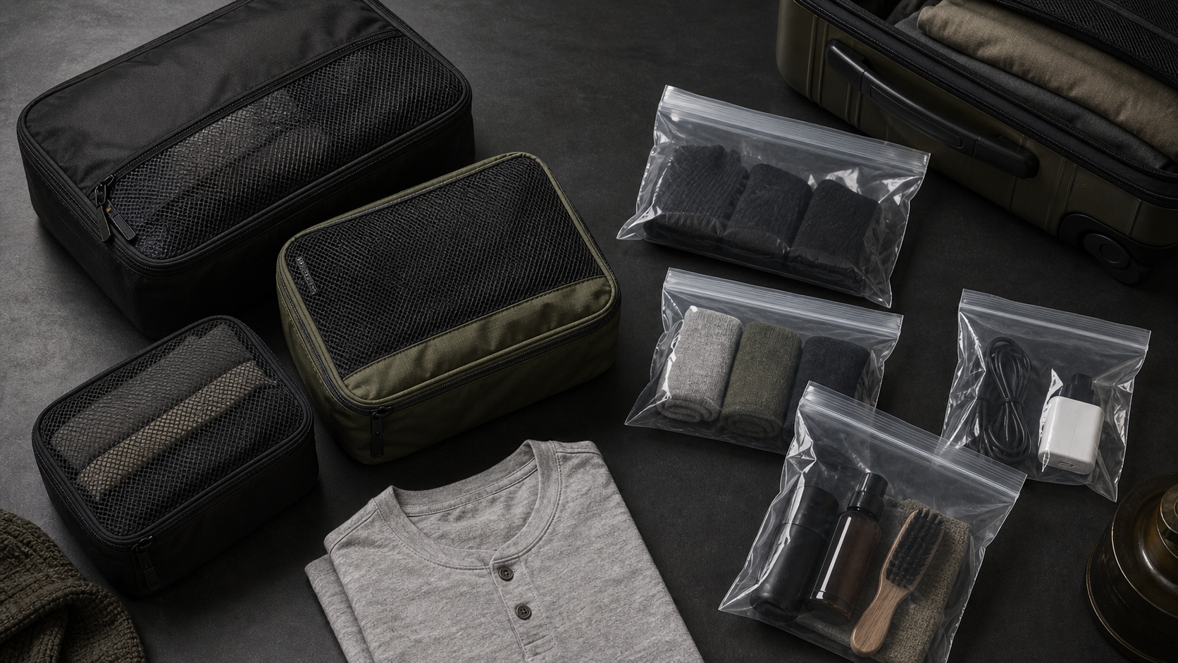 Black and olive fabric packing cubes beside clear zip-top bags and an open carry-on suitcase