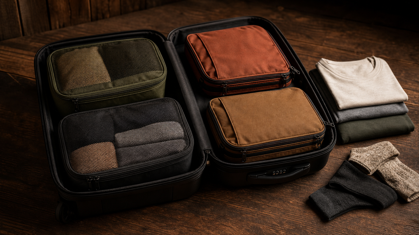 Open black carry-on with regular mesh packing cubes on the left and slimmer zip-compression cubes on the right