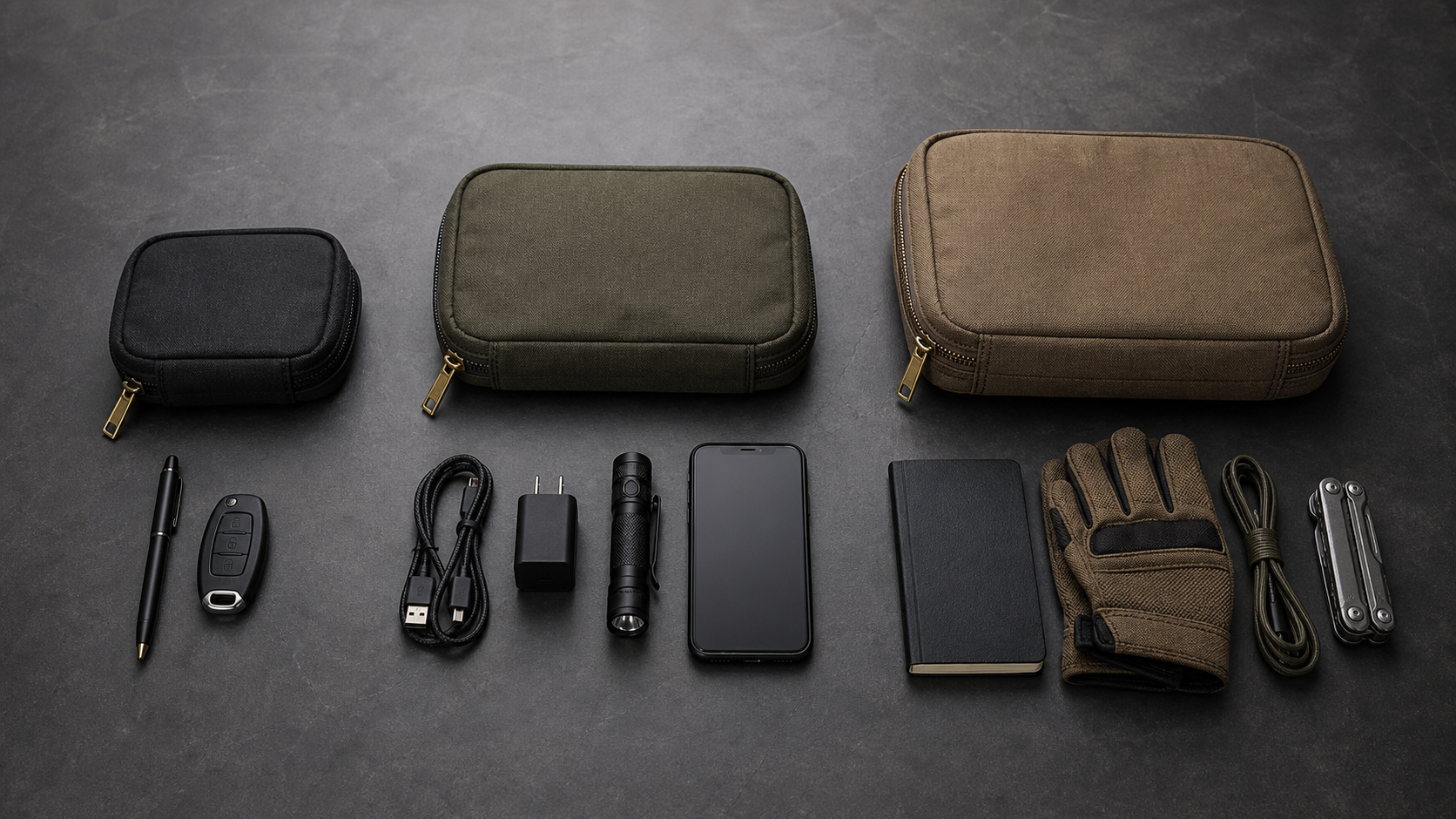 Three unbranded zippered EDC organizer pouches in compact, medium, and larger sizes beside everyday gear for scale
